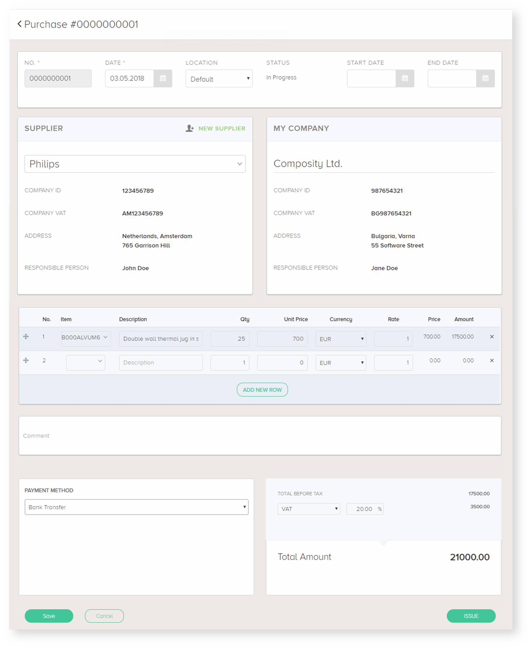 Screenshot of purchase order