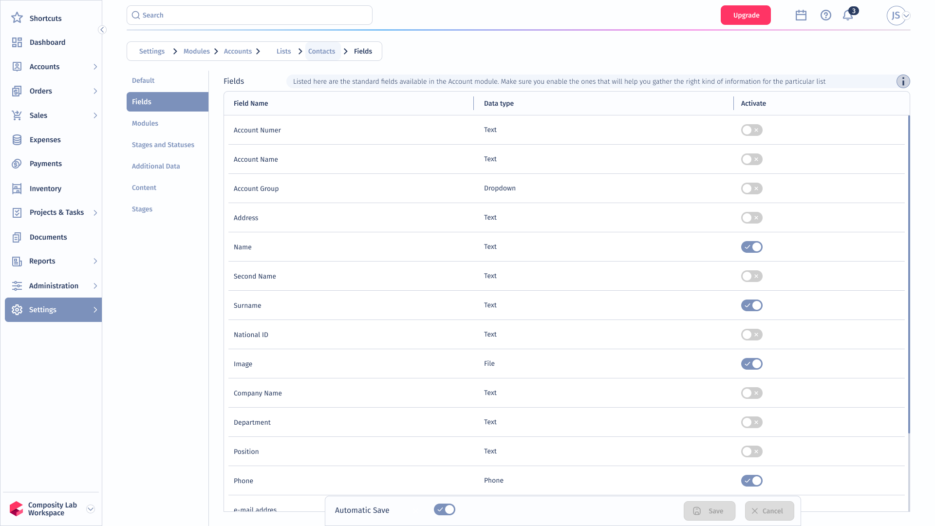 Composity account list settings screenshot